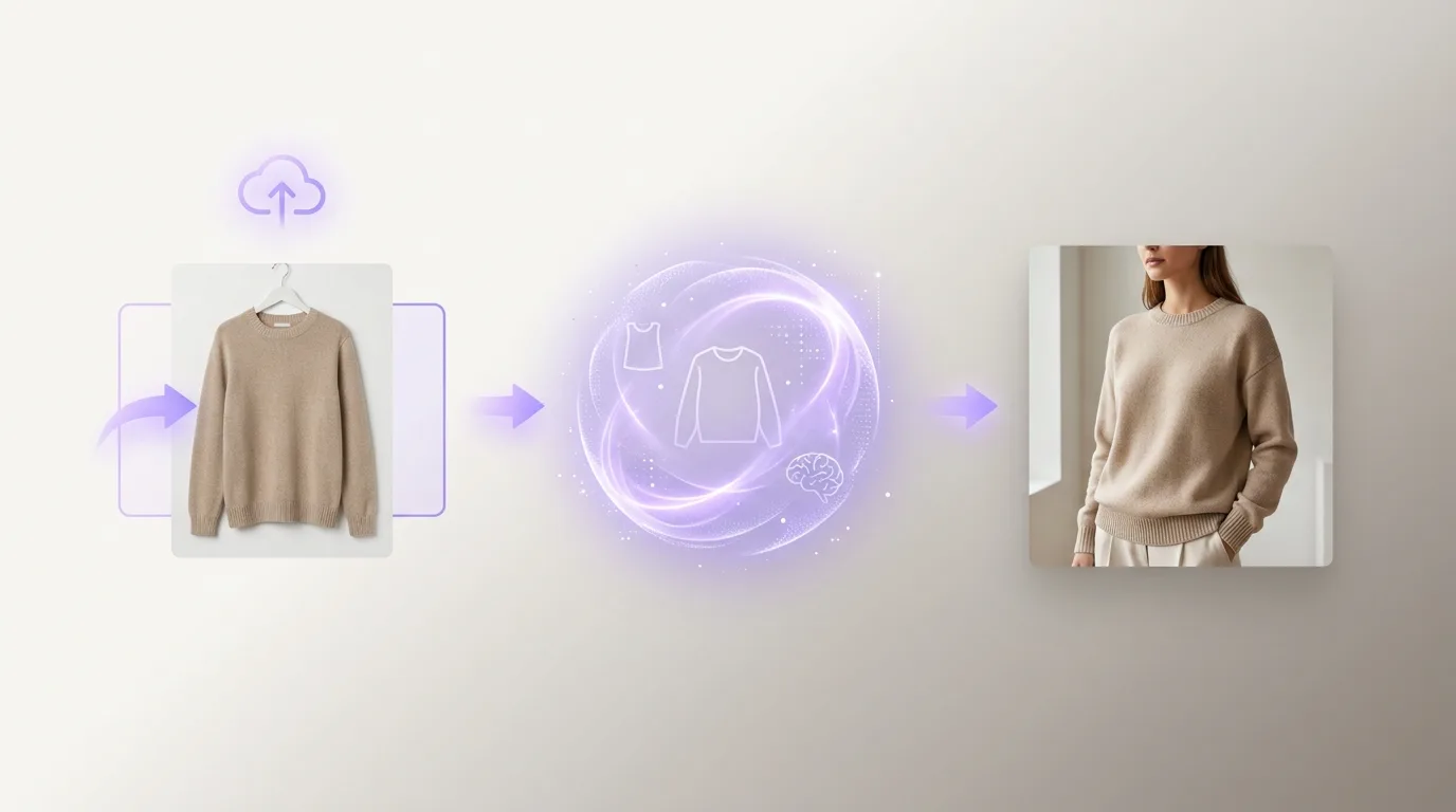 Three-step sequence: garment upload, AI processing, finished product photo