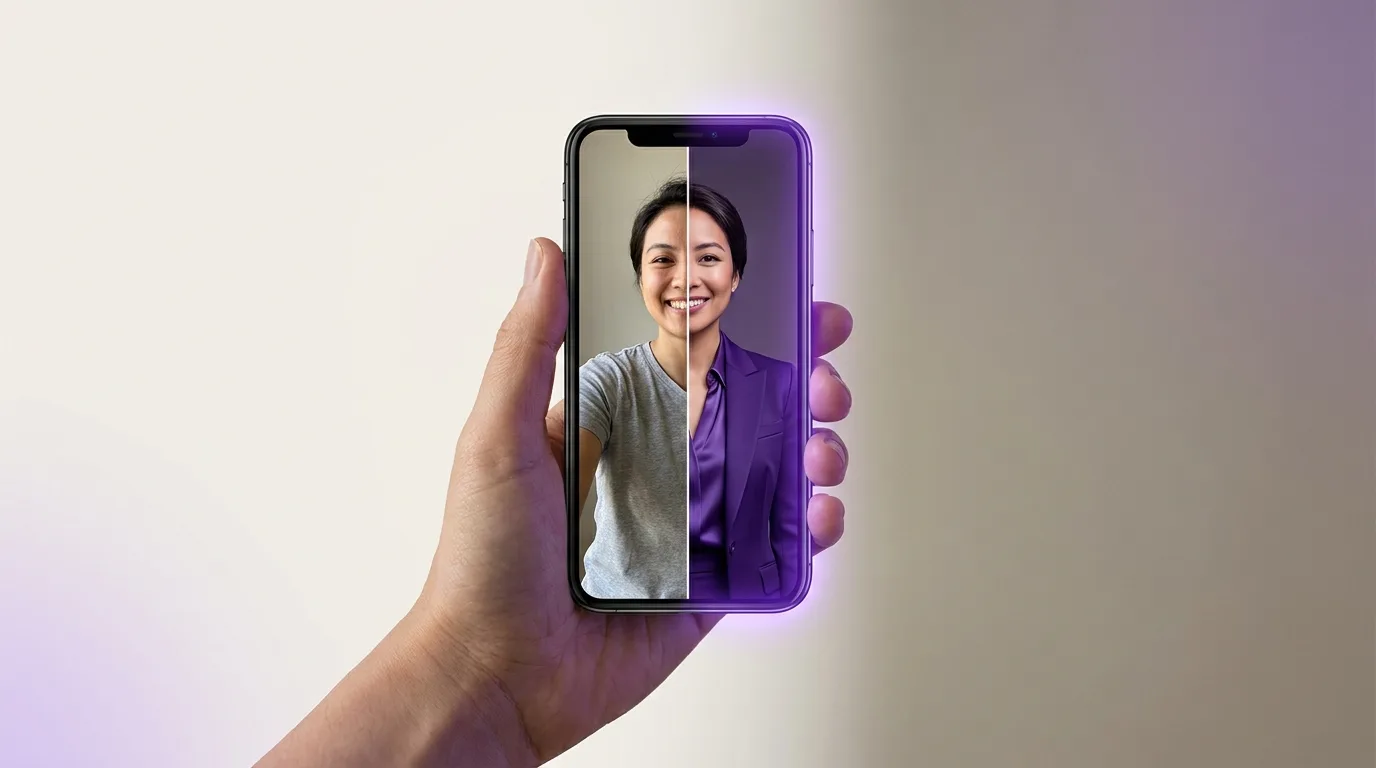 Smartphone affichant un selfie avant et le résultat d'essayage virtuel IA côte à côte