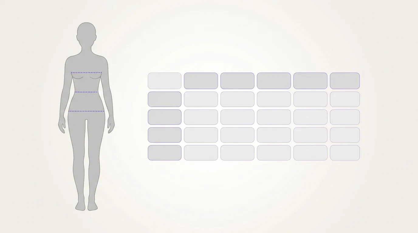 Body measurement guide next to a clothing size chart