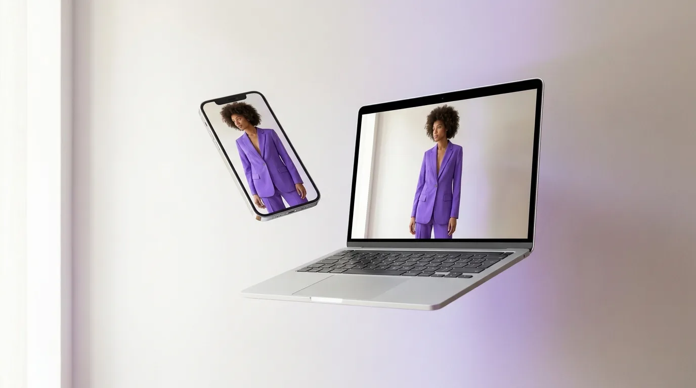 Smartphone and laptop showing the same outfit virtually tried on a model