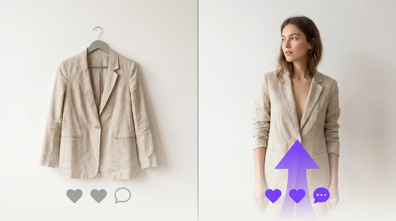 Resale listing before and after adding a virtual try-on photo, with rising sales
