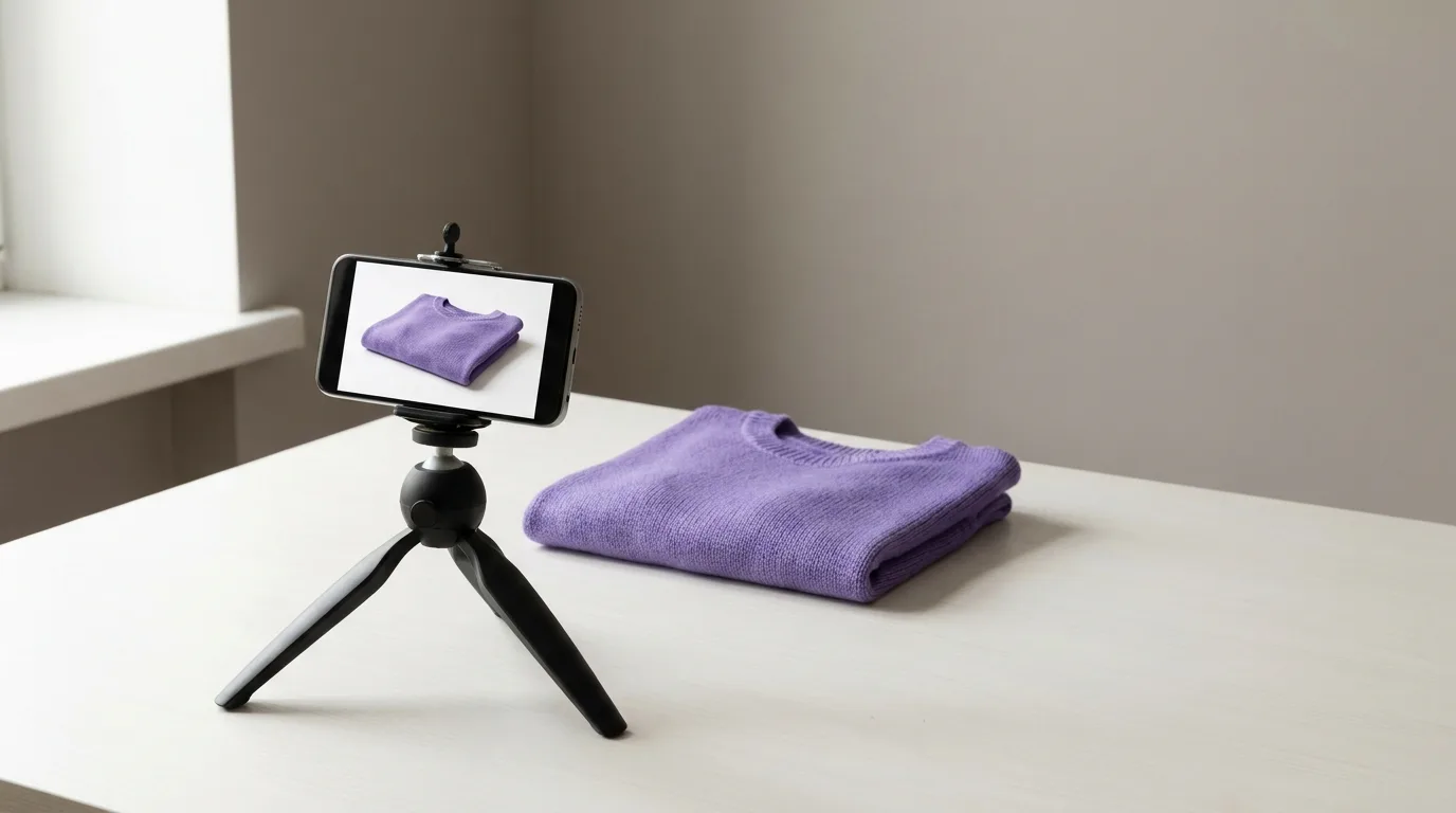 Smartphone on a tripod creating a professional product photo of a single garment