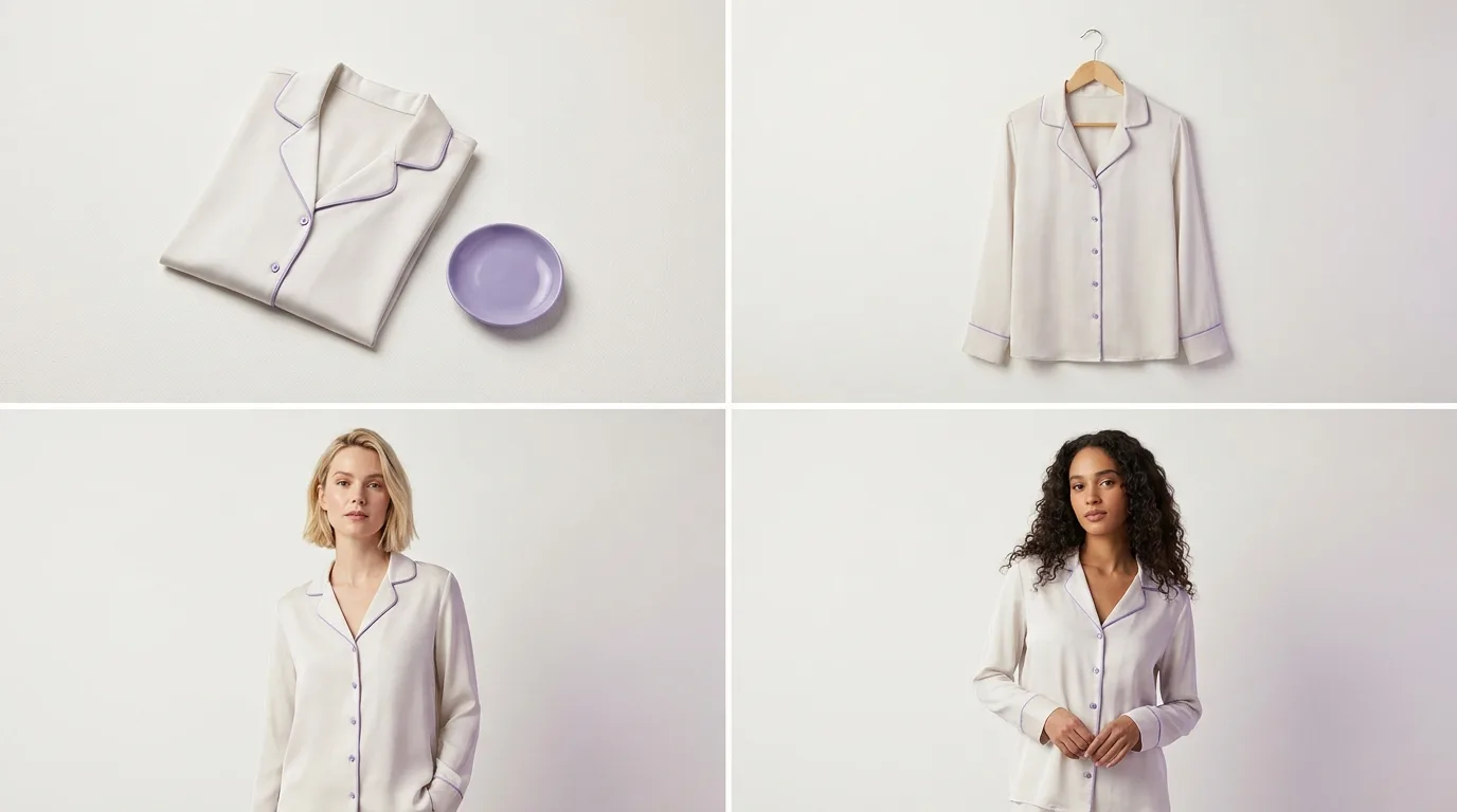 Grid of the same garment shown flat, on a hanger and worn by AI models