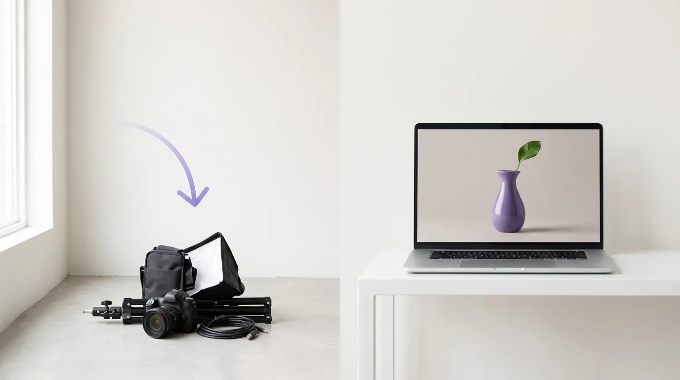 Expensive photo studio equipment versus a laptop generating the same product image