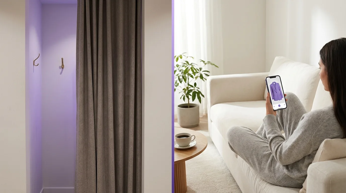 Closed store fitting room versus trying on clothes at home with a phone