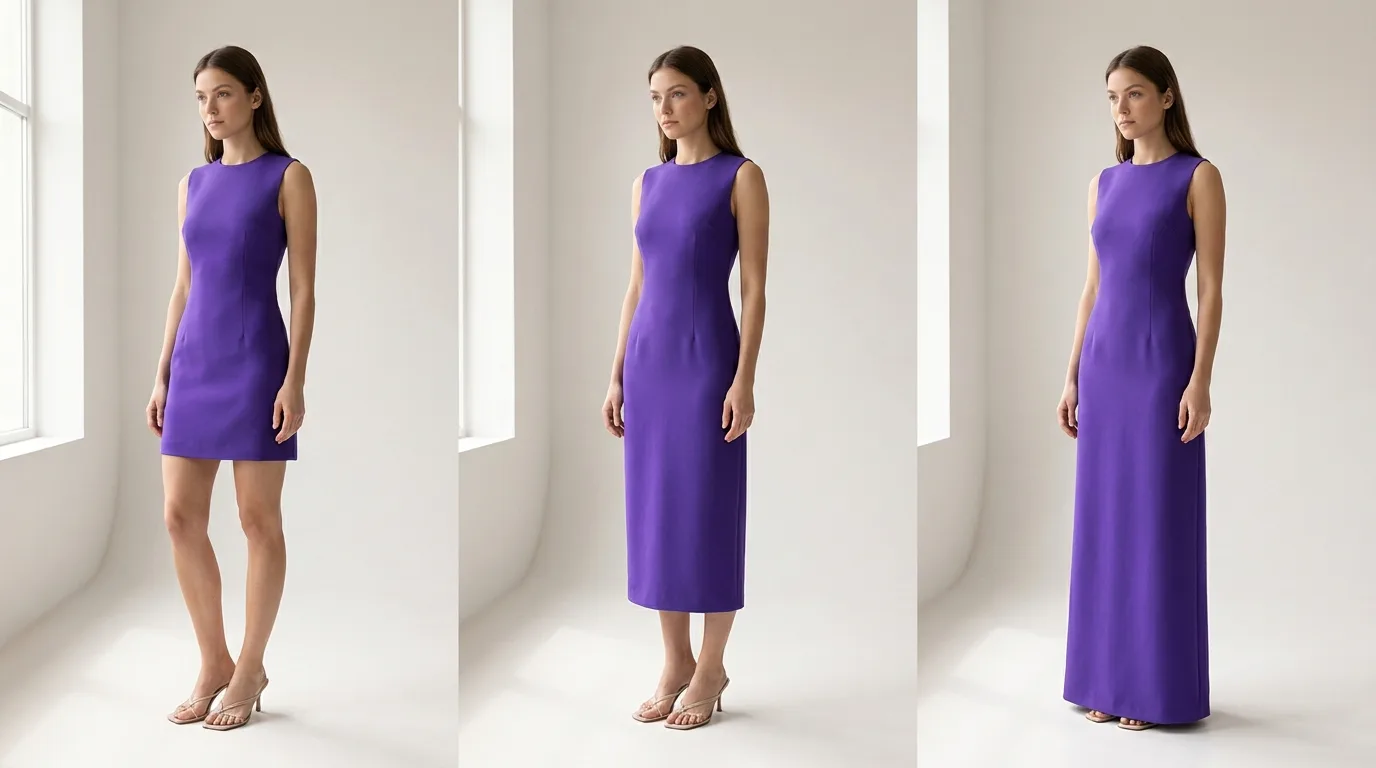 Même modèle portant la même robe en trois longueurs différentes pour comparaison